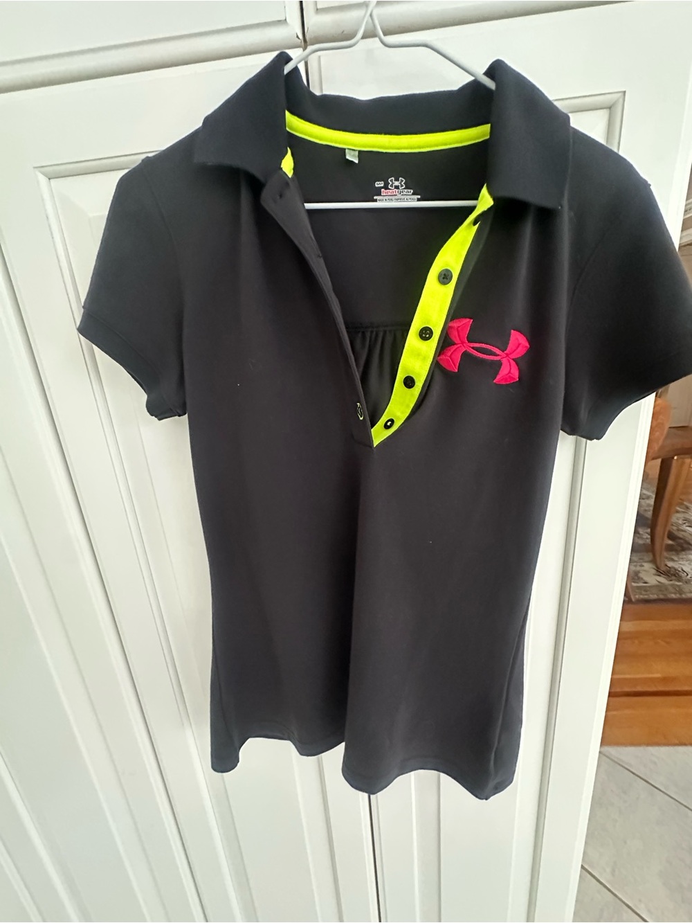 Under Armour Black Polo with Neon Yellow Trim and Pink Logo